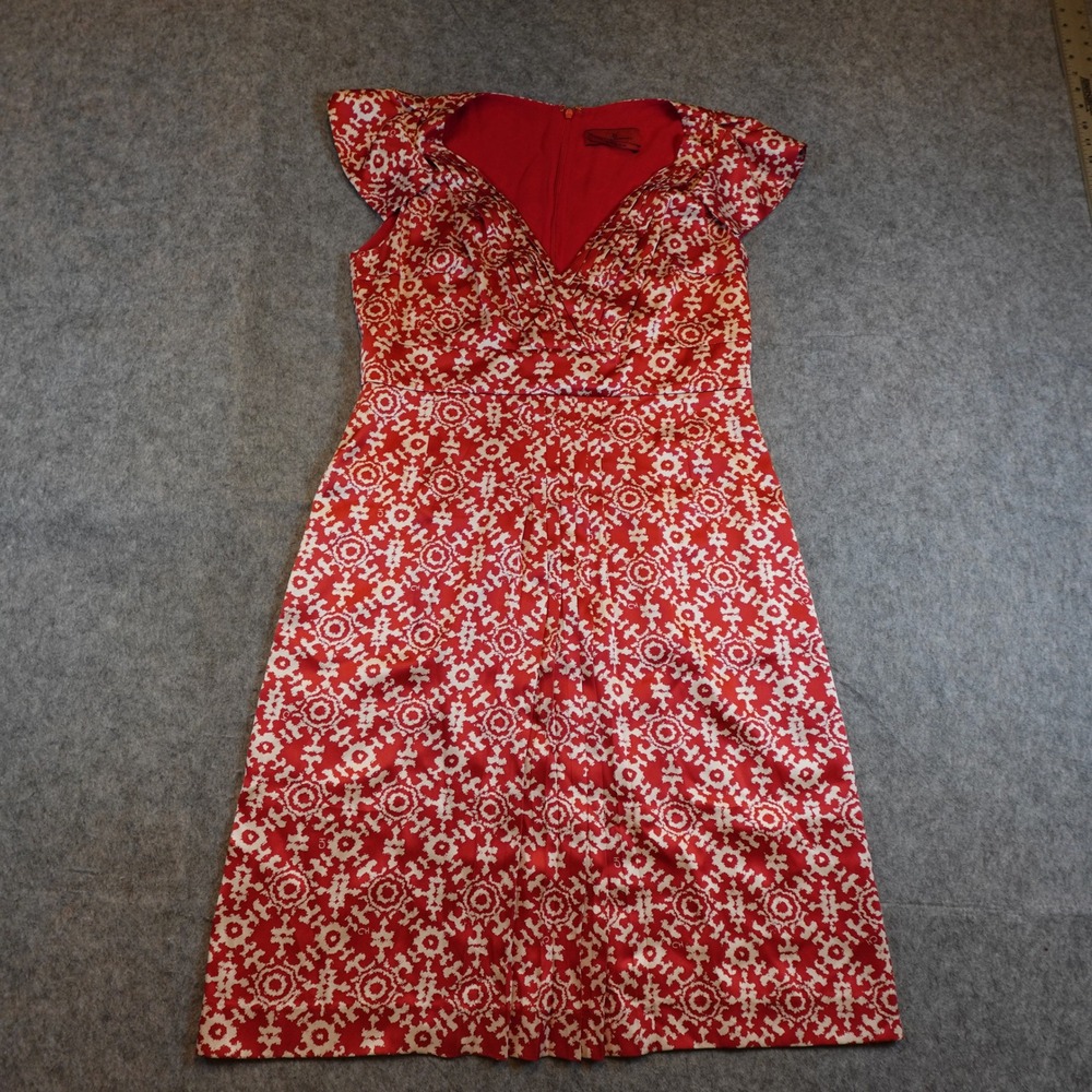 Carolina Herrera Dress Womens 10 Red Silk Geometric Cap Sleeve Spain‎ VNeck